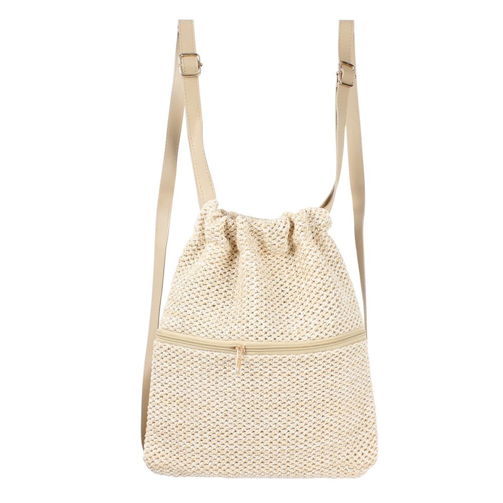 Medium Straw Woven Backpack Drawstring Daypack Shoulders Bag :]